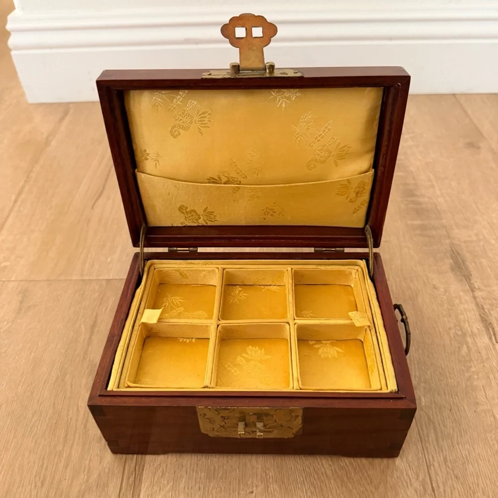 Vintage 80s Oriental Chinese Wooden Jewelry Box W/ Brass Word LUCKY, Double Tier